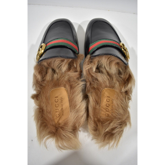 Gucci Mens Princetown Black Leather Fur Slip On Slide Backless Loafer Flat G 7 8 - Picture 11 of 12